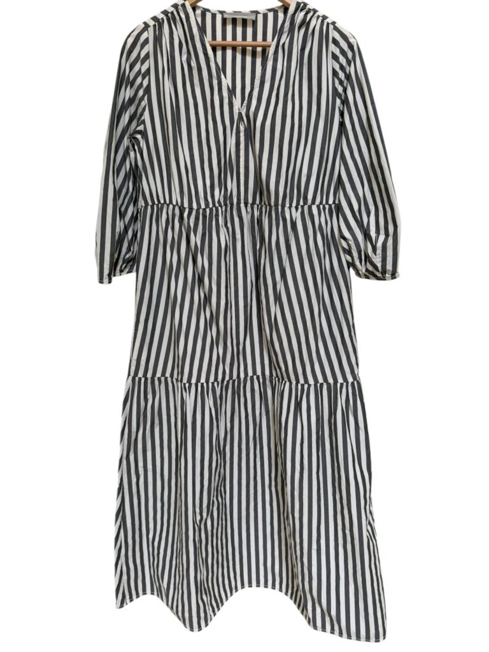 Everlane The Poplin Tiered Midi Dress Vertical Stripe Cotton V-Neck Pockets XS